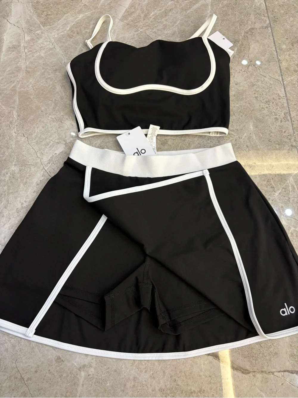 ALO Yoga Black and White Backless Crop Top and Skirt Set - Picture 2 of 5